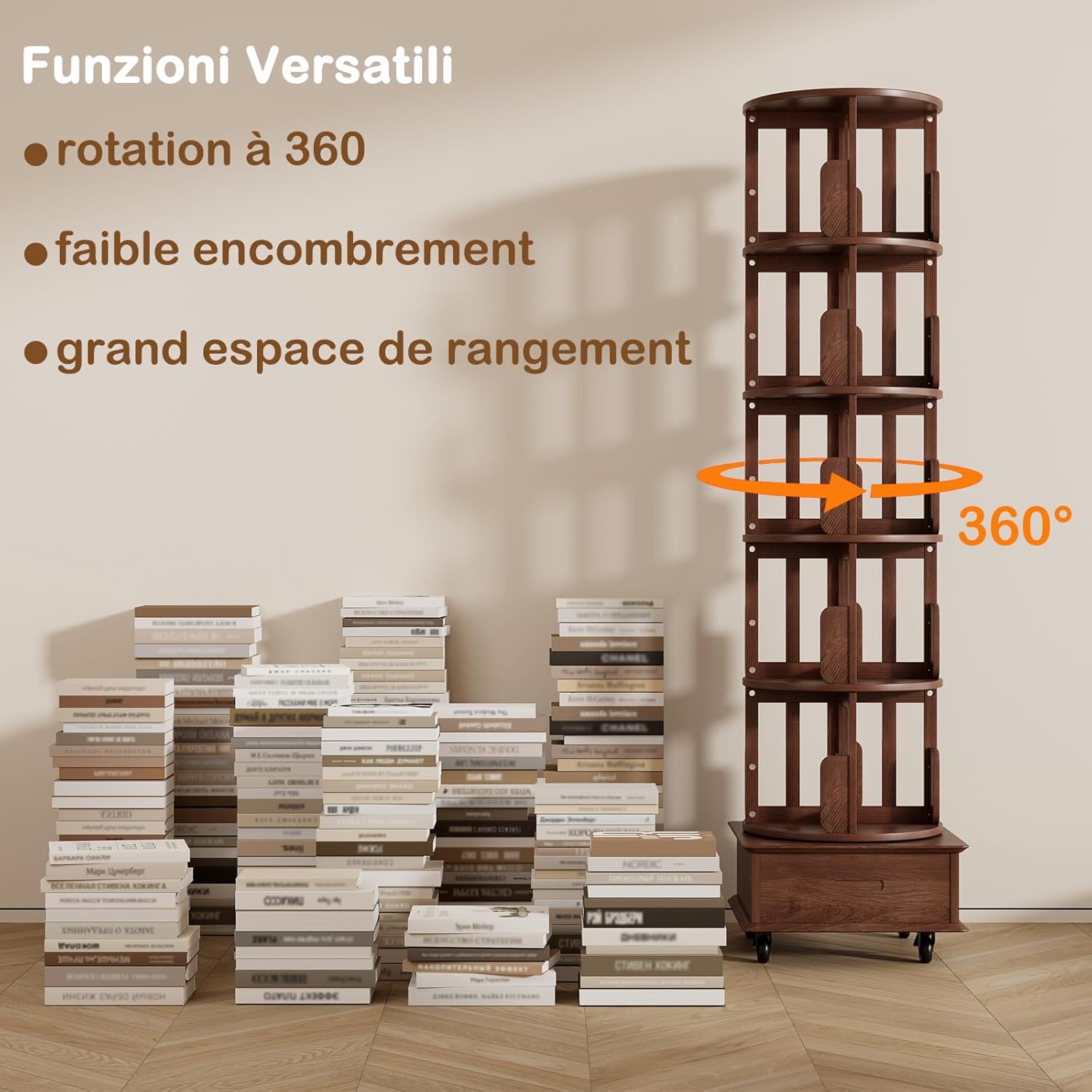 Drehbares Bücherregal aus Massivholz mit 1 Schublade, Rollende Bücherregale auf Rädern, Platzsparendes Drehendes Bücherschrank Turm für Wohnzimmer, Schlafzimmer, 185 x 47,5 x 47,5 cm, Walnuß