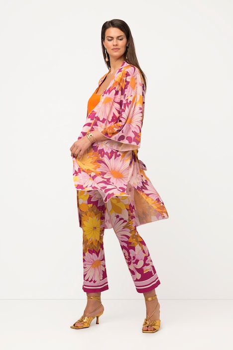 Kimono, Blüten, Bindegürtel, Schalkragen, 3/4-Arm