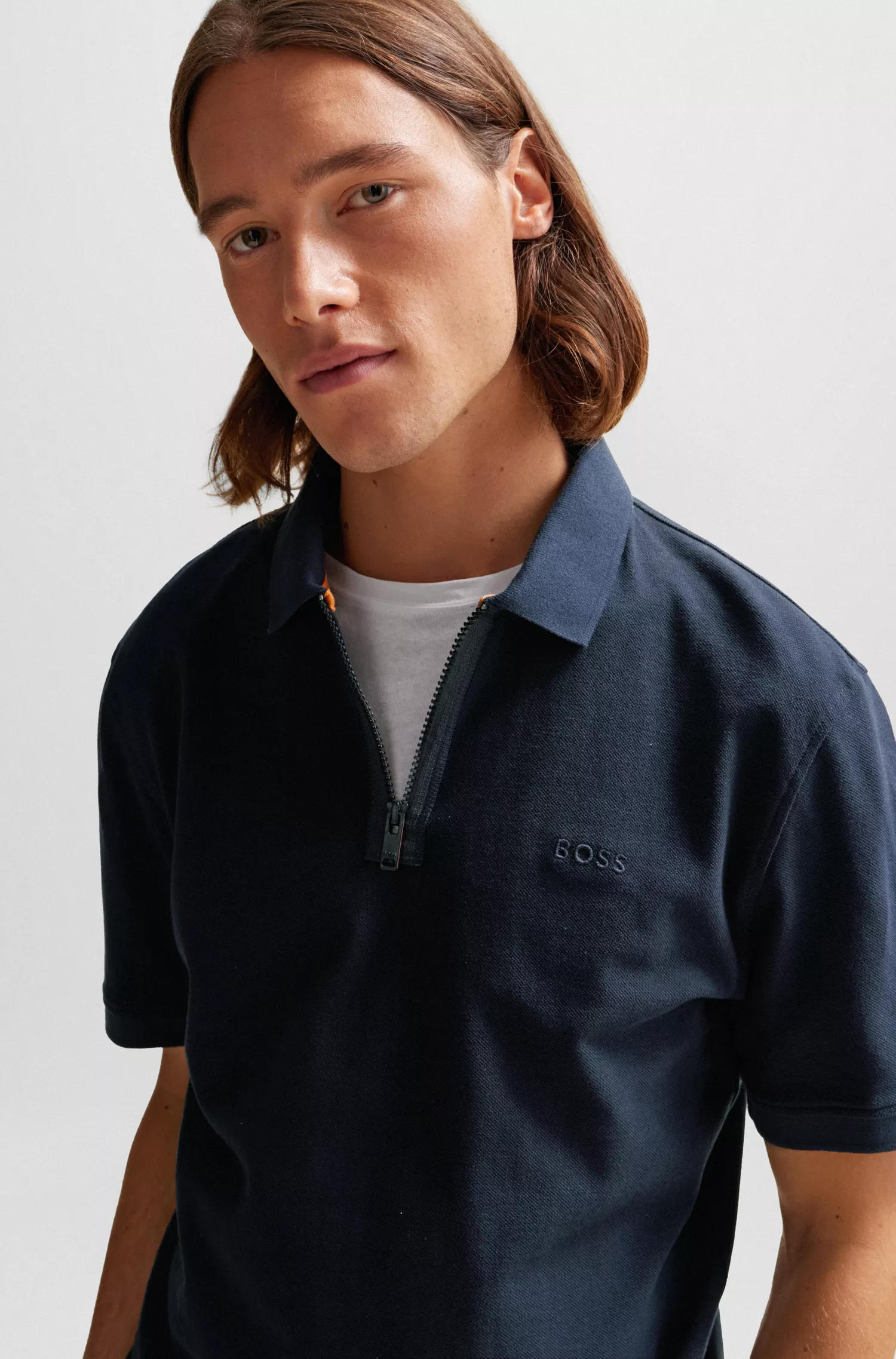 Camisa polo BOSS laranja em piqué de algodão com logotipo bordado.