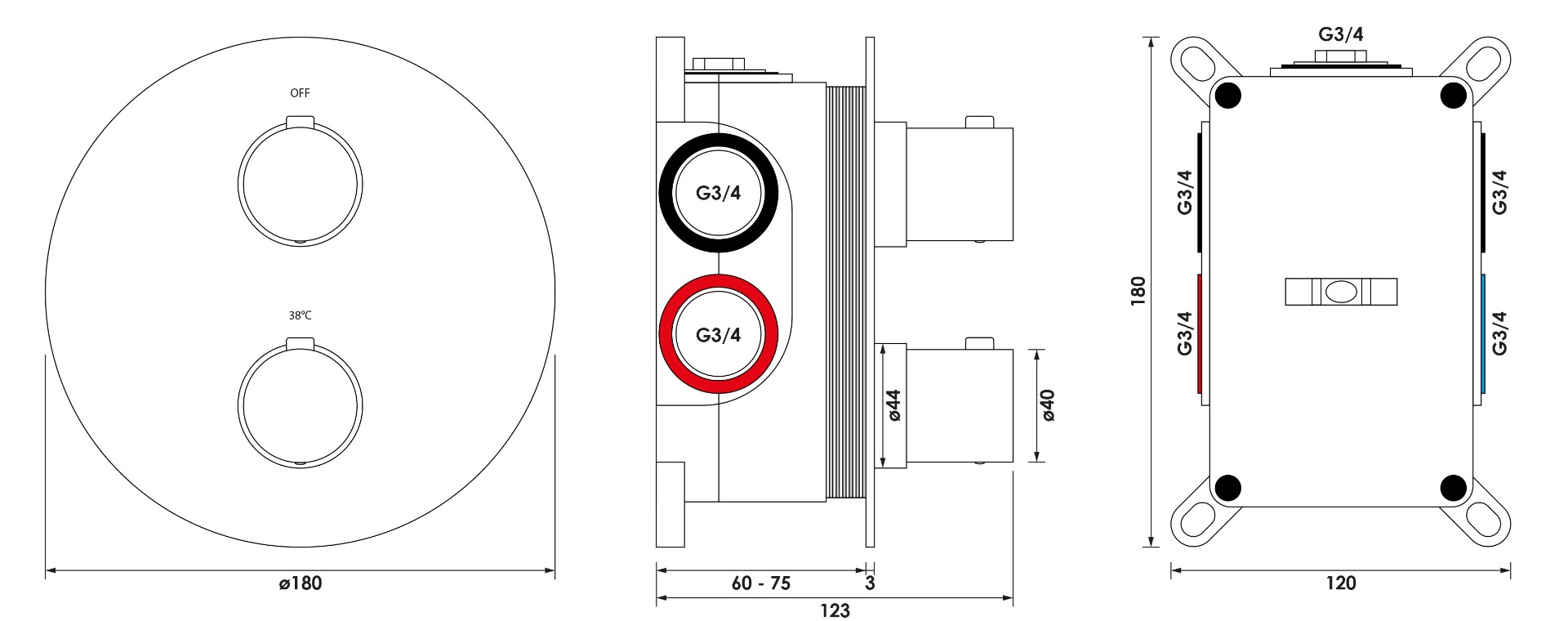 Brauer Chrome Edition 3-weg inbouwthermostaat rond chroom