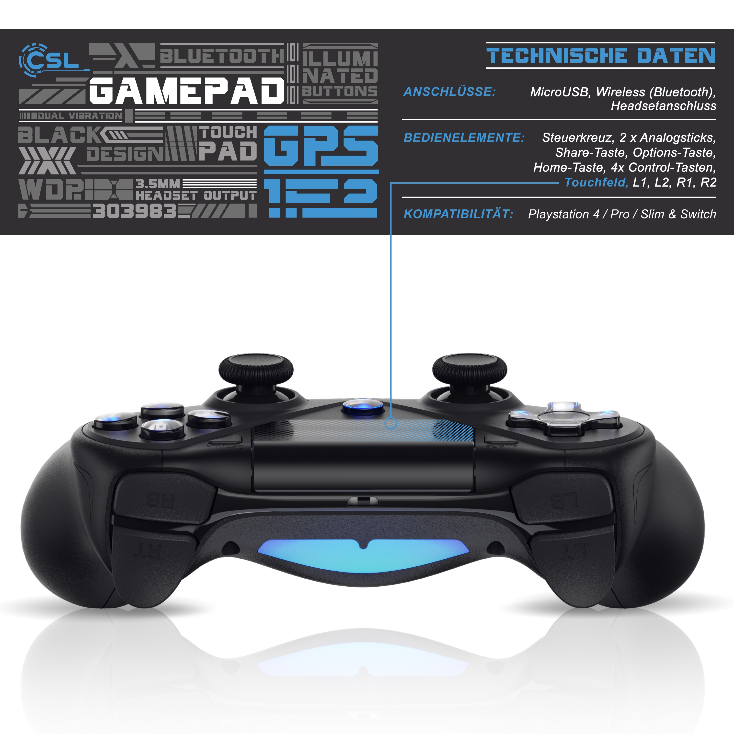 CSL 2x Wireless Gamepad Controller für PS4 & Switch Bluetooth & Kabelverbindung/ Touchpad / Akku