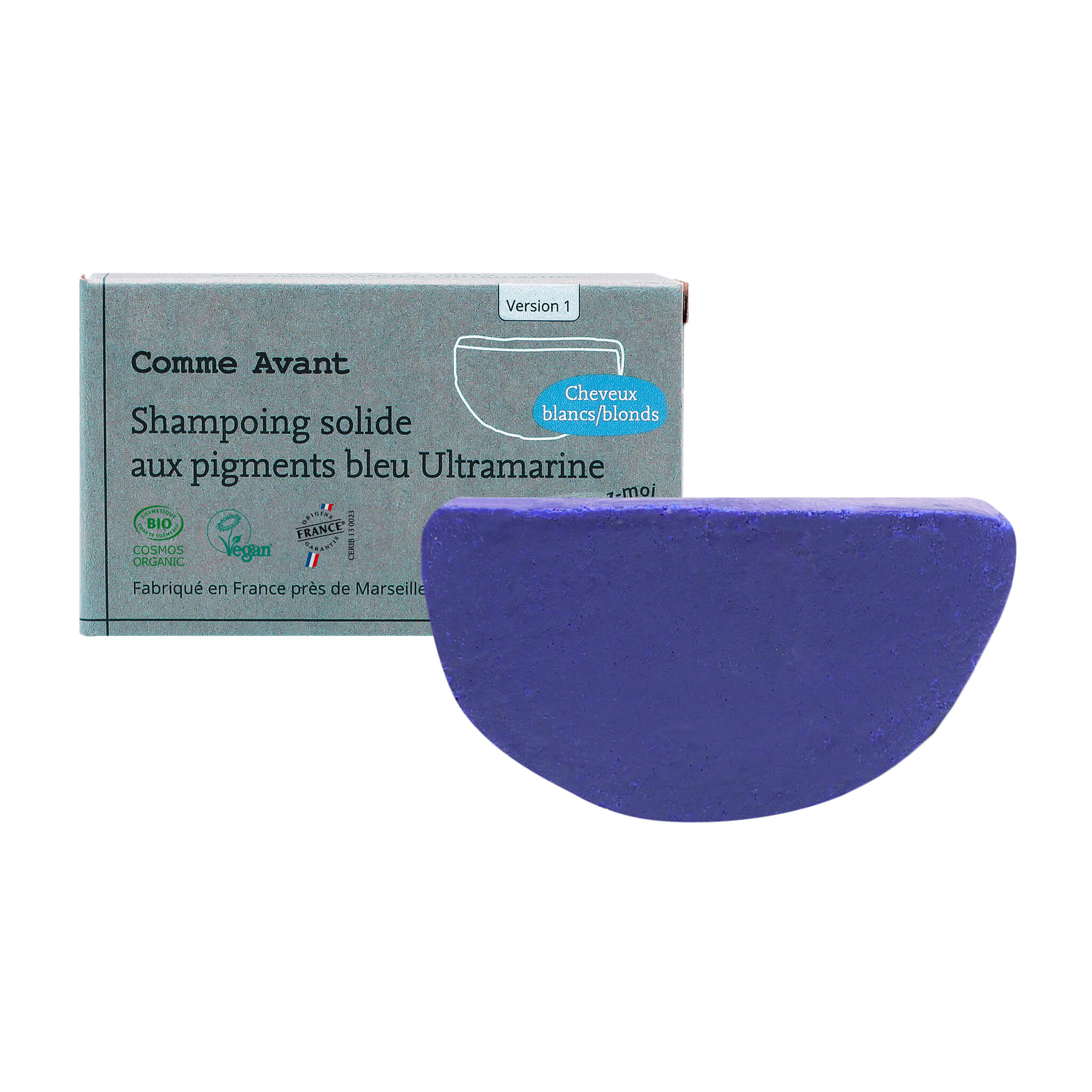 Shampoing solide cheveux blonds blancs aux pigments bleu Ultramarine - Version 1 - 1 shampoing - 70g
