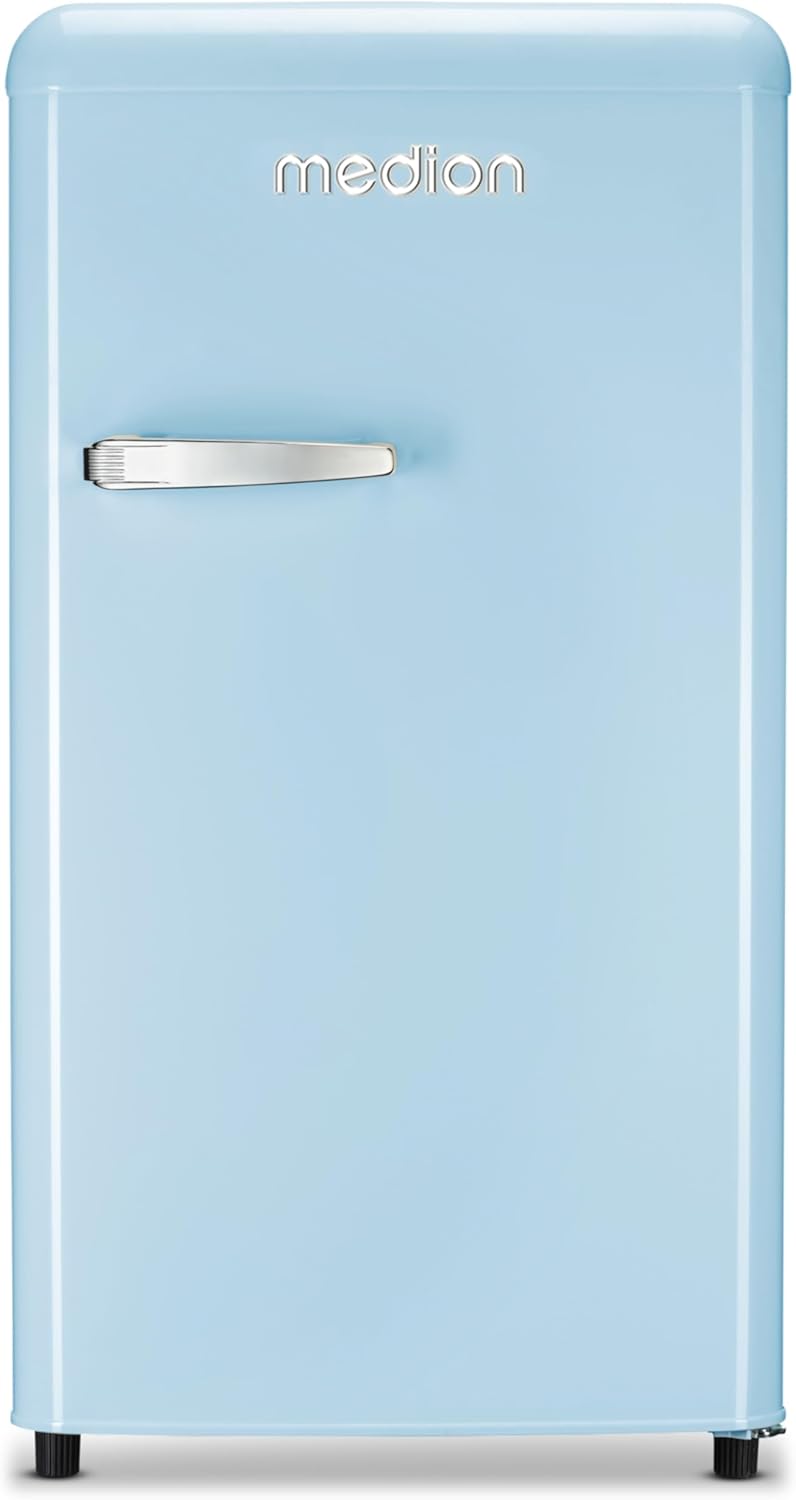MEDION Retro Kühlschrank (91 Liter, 91cm Höhe (höhenverstellbare Füße), höhenverstellbare Glasablagen, transparente Gemüseschublade, freistehend, Türanschlag rechts, Metall Türgriff, MD37800) blau