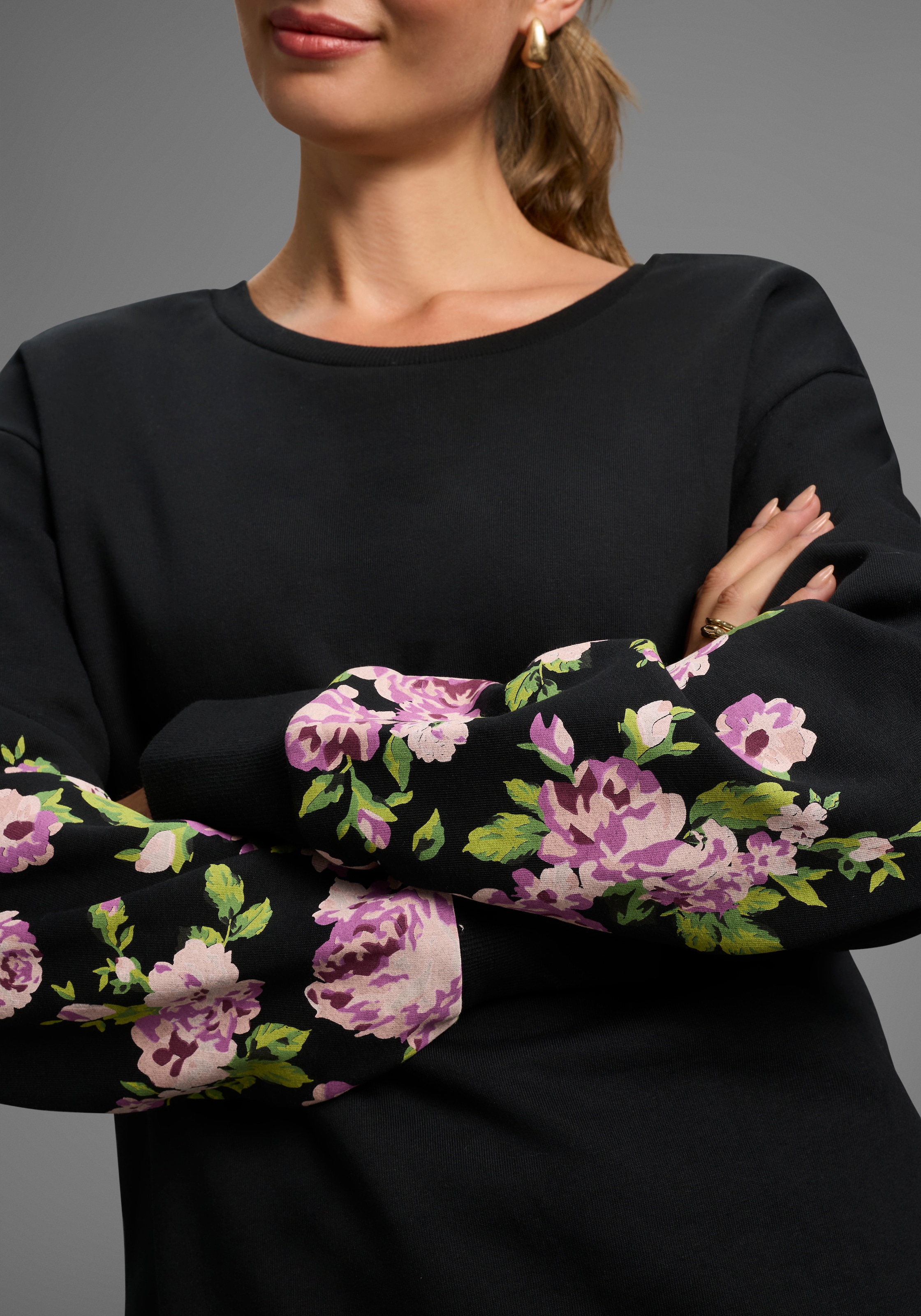 Laura Scott Sweater , Weiche Baumwollmischung mit Blumenprint auf den Ärmeln