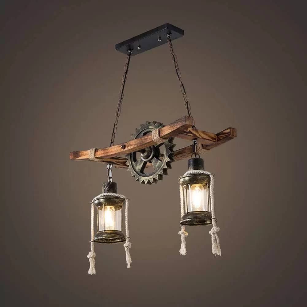 Vintage pendant light 2 metal heads Wheel chandelier