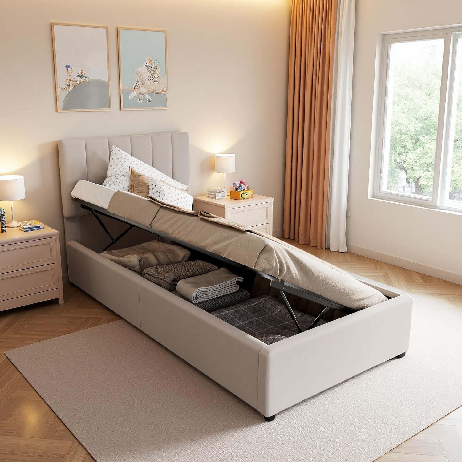 Polsterbett Einzelbett 90x200cm mit Bettkasten, Hydraulisches Stauraumbett mit Lattenrost, Boxspringbett mit Stauraum, Kinderbett Jugendbett mit Verstellbares Kopfteil, Beige, Leinen ZW7847749