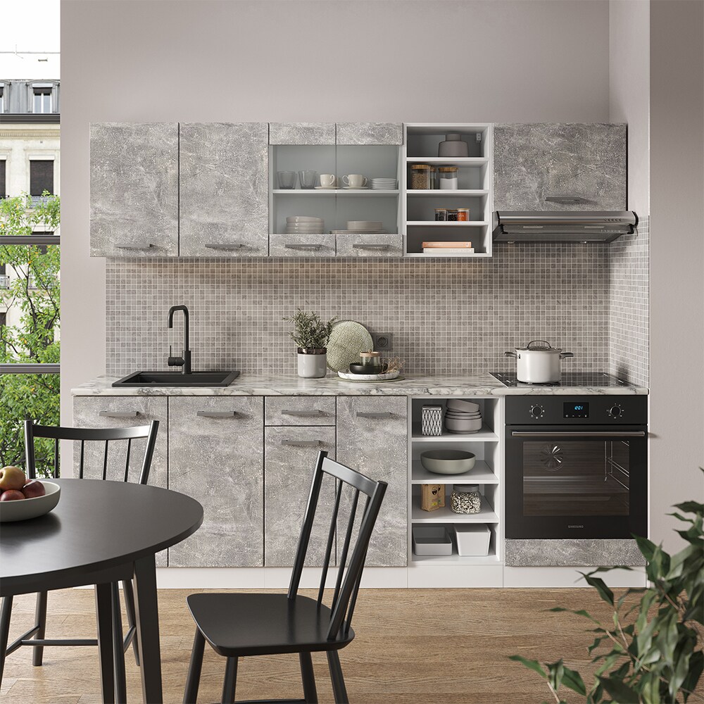 Vicco Küchenzeile Küchenblock Einbauküche R-Line 240 cm Weiß Beton Küche