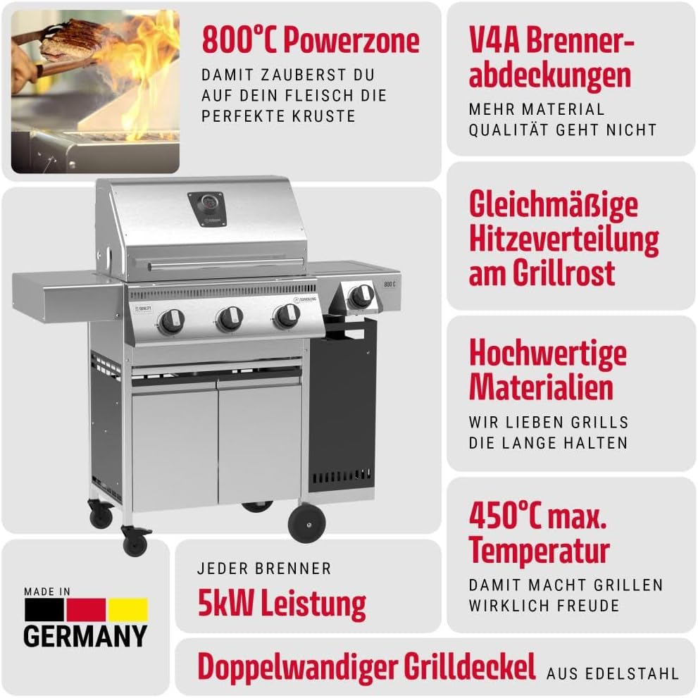 Schickling Gasgrill 'Henry L - Deluxe' Edelstahlgrill Grillwagen mit Unterschrank, Doppelwandigem Deckel, 3 Brenner, 800 Grad Seitenbrenner & 3-teiligem Grillrost - Made in Germany