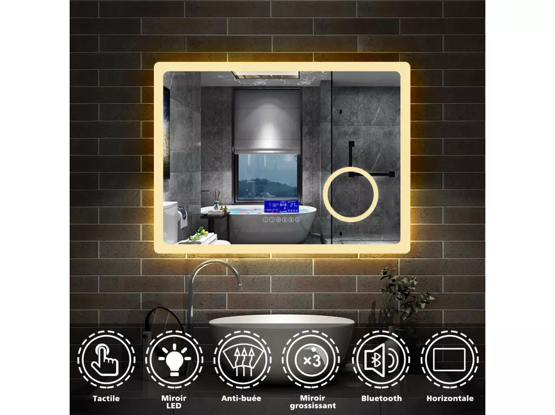 Miroir salle de bain 80x60cm LED réglable+antibuée+Bluetooth+Horloge+grossissant Aica