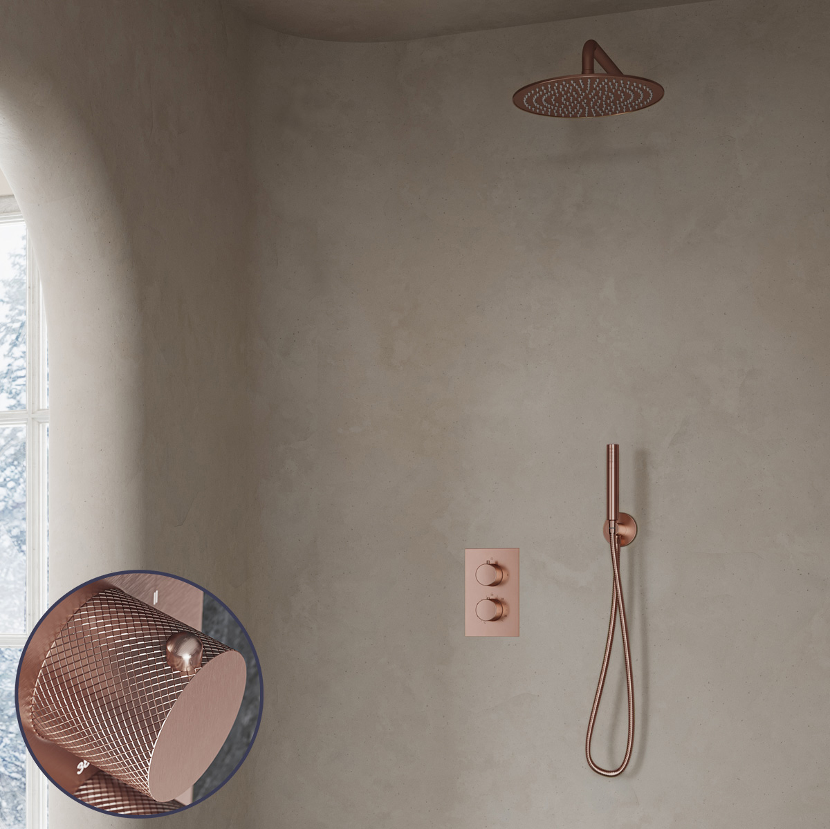 Saniclear Copper Curved inbouw regendouche met 20cm hoofddouche en muurarm geborsteld koper