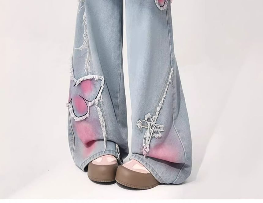 Vhancy - High Waist Washed Butterfly Wide Leg Jeans