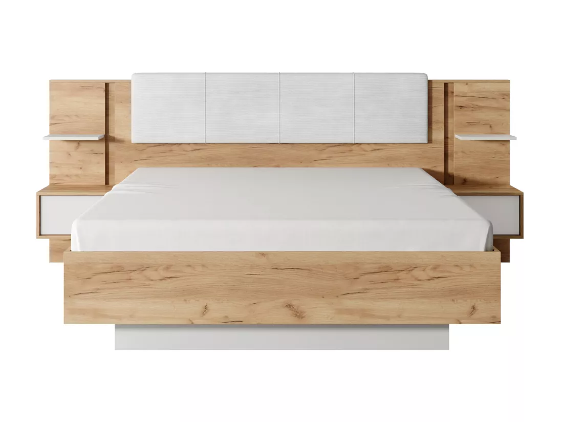 Lit avec chevets 160 x 200 cm - Avec LEDs - Coloris : Naturel et blanc + Sommier - ELYNIA