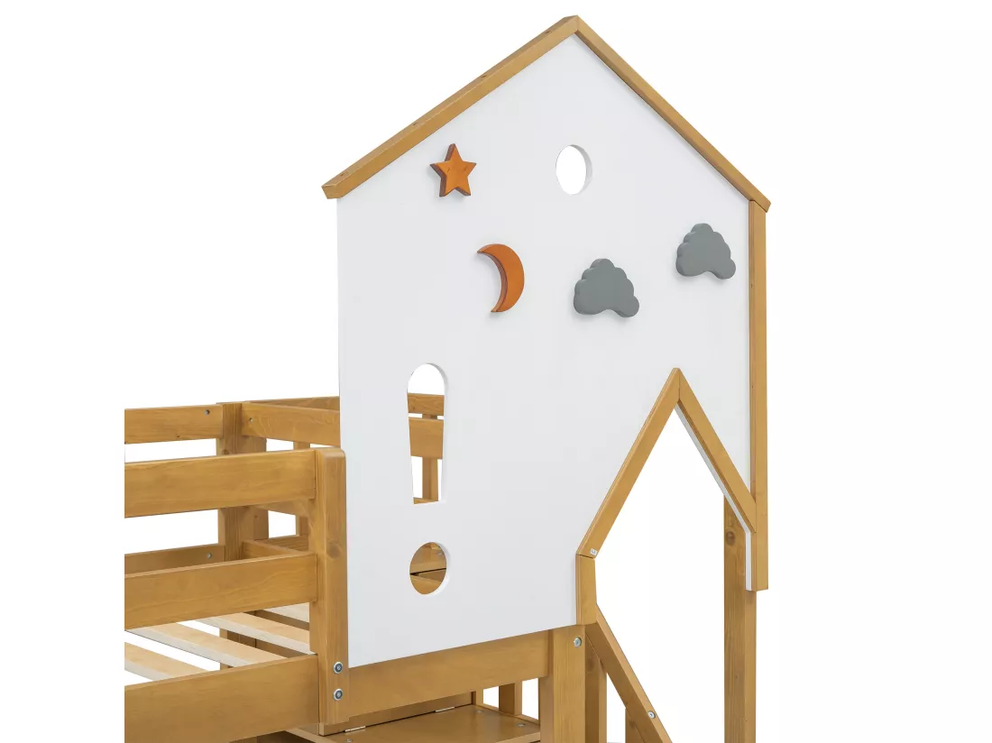 Lit superposé 90x200cm - avec escalier de rangement et toboggan - en bois de pin et MDF - Naturel