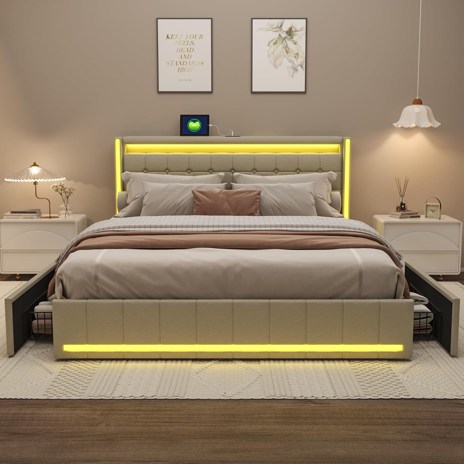 Polsterbett Doppelbett 180x200cm mit stauraum,Stauraumbett mit 4 schubladen,LEDbett kopfteil mit USB-Ladefunktion,Leinen (Beige, 180x200 cm)