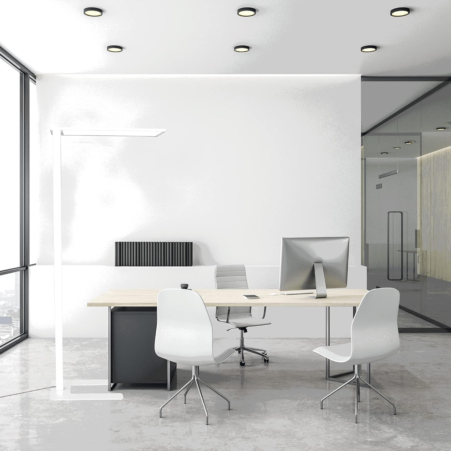 Moderne LED Stehleuchte Büro, weiss, Tageslichtsensor und Bewegungsmelder 190cm - 75 Watt 7962 Lumen 4000 Kelvin Neutralweiss Dimmbar mit direkter, indirekter Beleuchtung, Arbeitsplatz