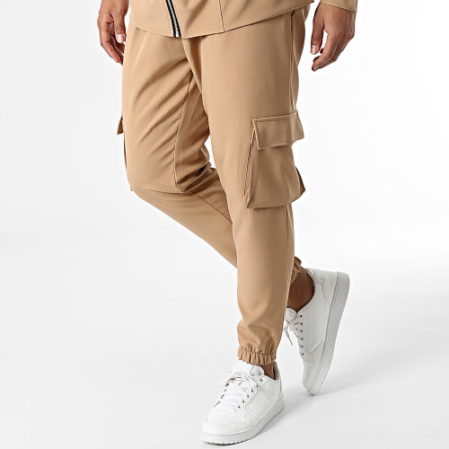 Ensemble De Survetement Sweat Zippé Capuche Et Pantalon Cargo Beige Foncé