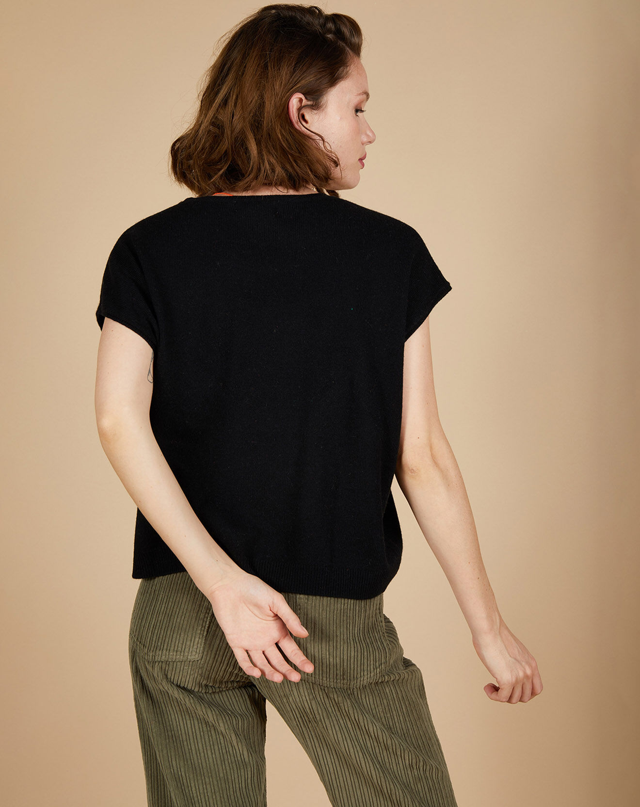 Cashmere Tribu Pull 100% Cachemire Laurène manches courtes noir
