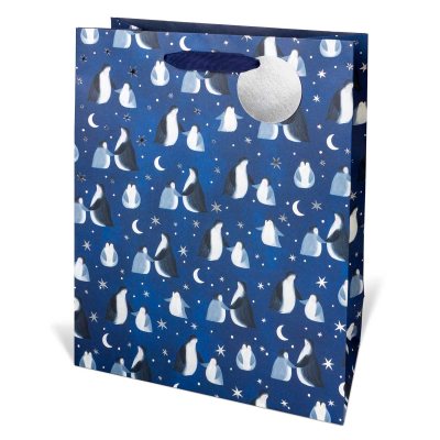 Penguins On Navy Large Portrait Gift Bag