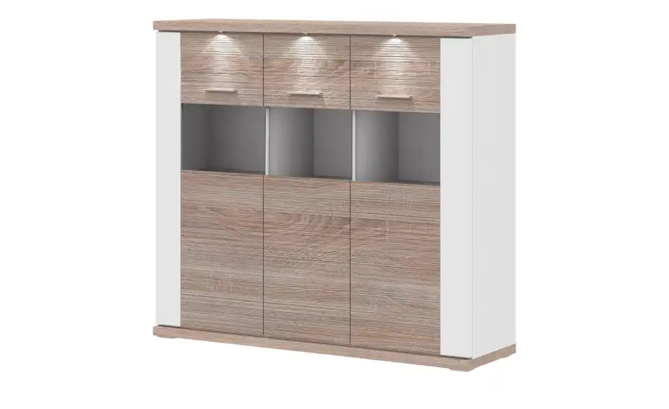 Highboard  Toulon Weiß, Eiche sägerau (Nachbildung) Spotbeleuchtung