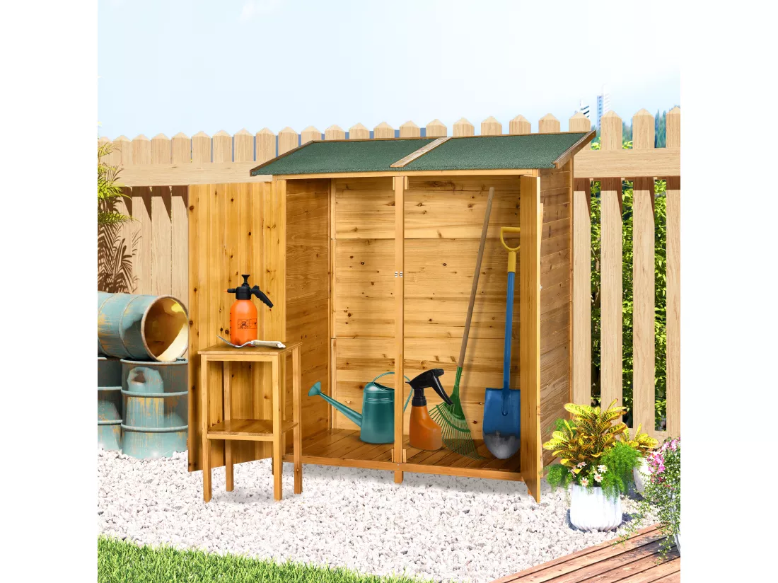 Abri de jardin armoire de jardin remise pour outils sur pied dim. 140L x 75l x 157H cm 2 étagères 2 portes toit bitumé étanche bois sapin pré-huilé