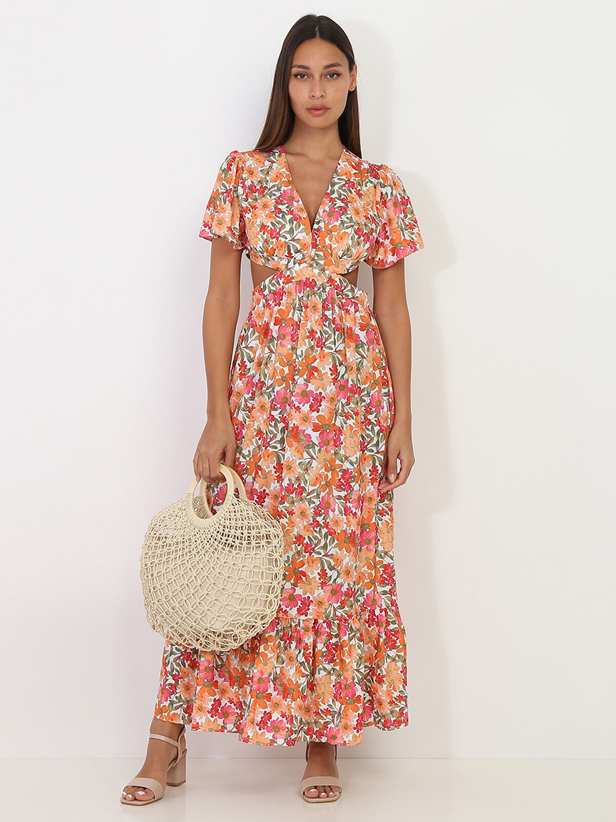 Robe longue à fleurs avec découpes- Blanc