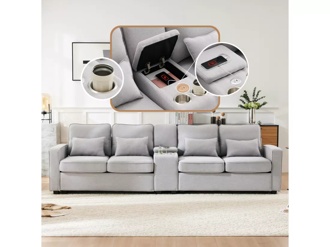 Canapé 4 places en tissu lin - avec 4 oreillers 2 ports USB et porte-gobelets - poches d'accoudoir - 290x83x88cm, Gris