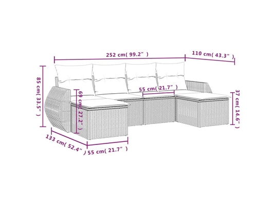 VIDAXL - Canapé Salon de jardin 6 pcs avec coussins gris résine tressée