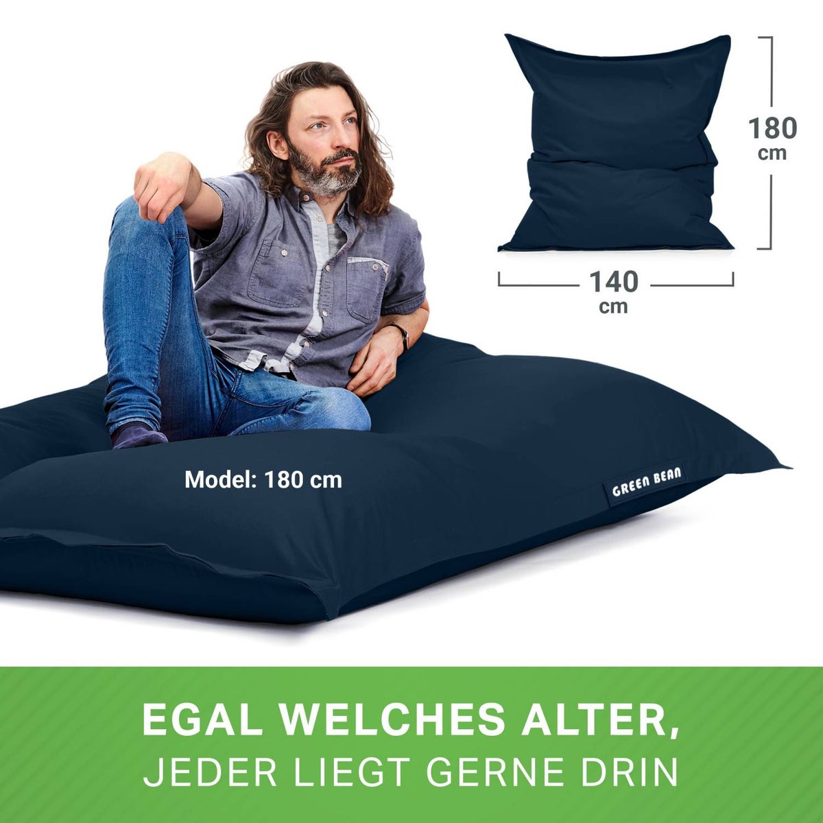 Green Bean Zitzak 120x160cm 270 liter Kinderen & Volwassenen Zitzak EPS Kralenvulling Reuze Zitzak Grote Buitenligstoel Wasbaar Weerbestendig Zitkussen Vloerkussen Donkerblauw