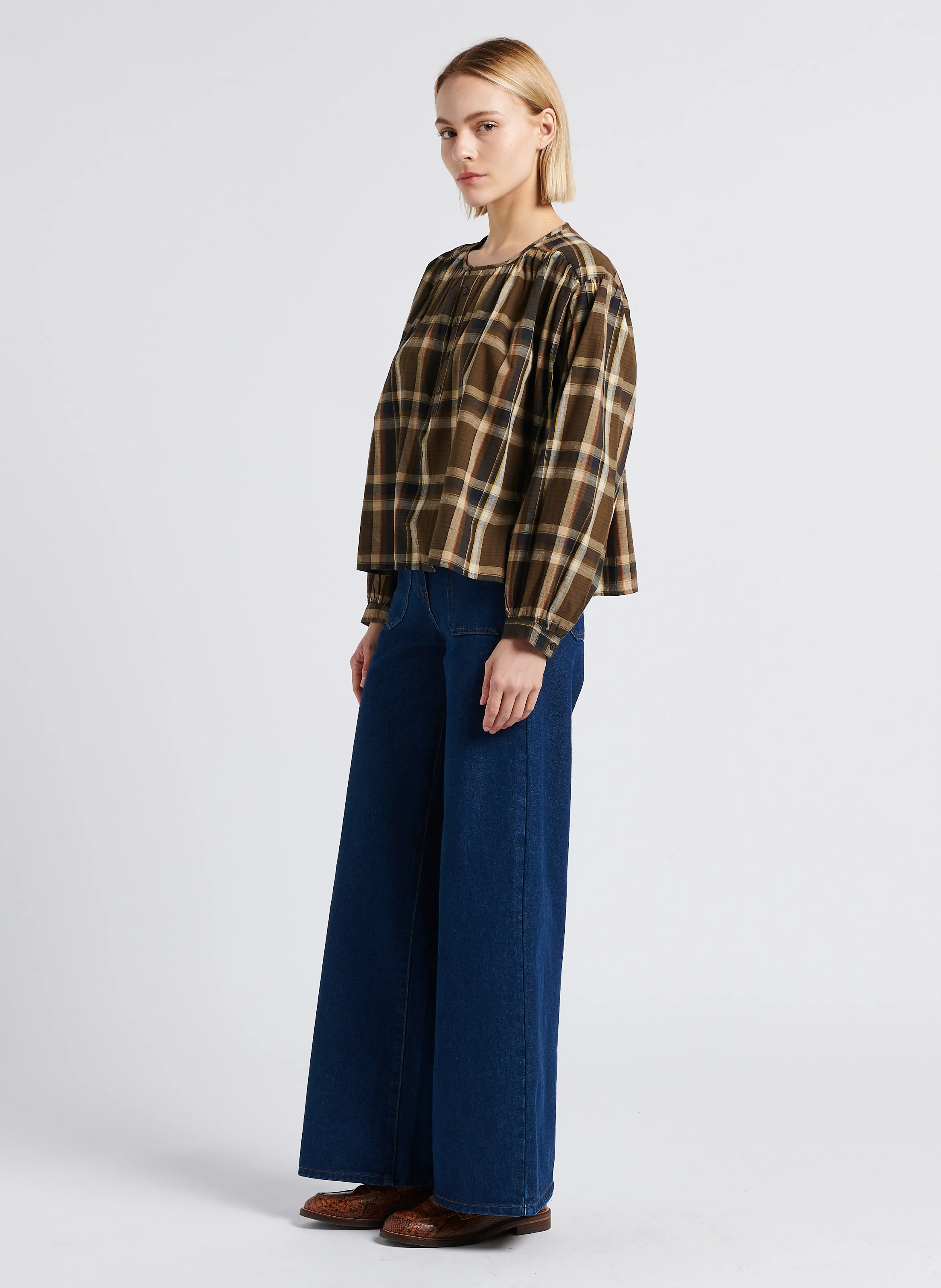 ELINA - Blouse évasée col rond en coton imprimé | Marron