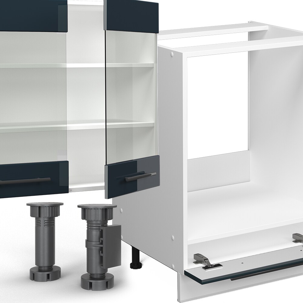 Vicco Küchenzeile Fame-Line Weiß Dunkelblau Hochglanz 300 cm mit Arbeitsplatte Weiß-Marmor
