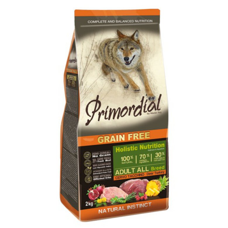 Ração Primordial Adult Grain Free para Cães, com Carne de Veado e Peru.