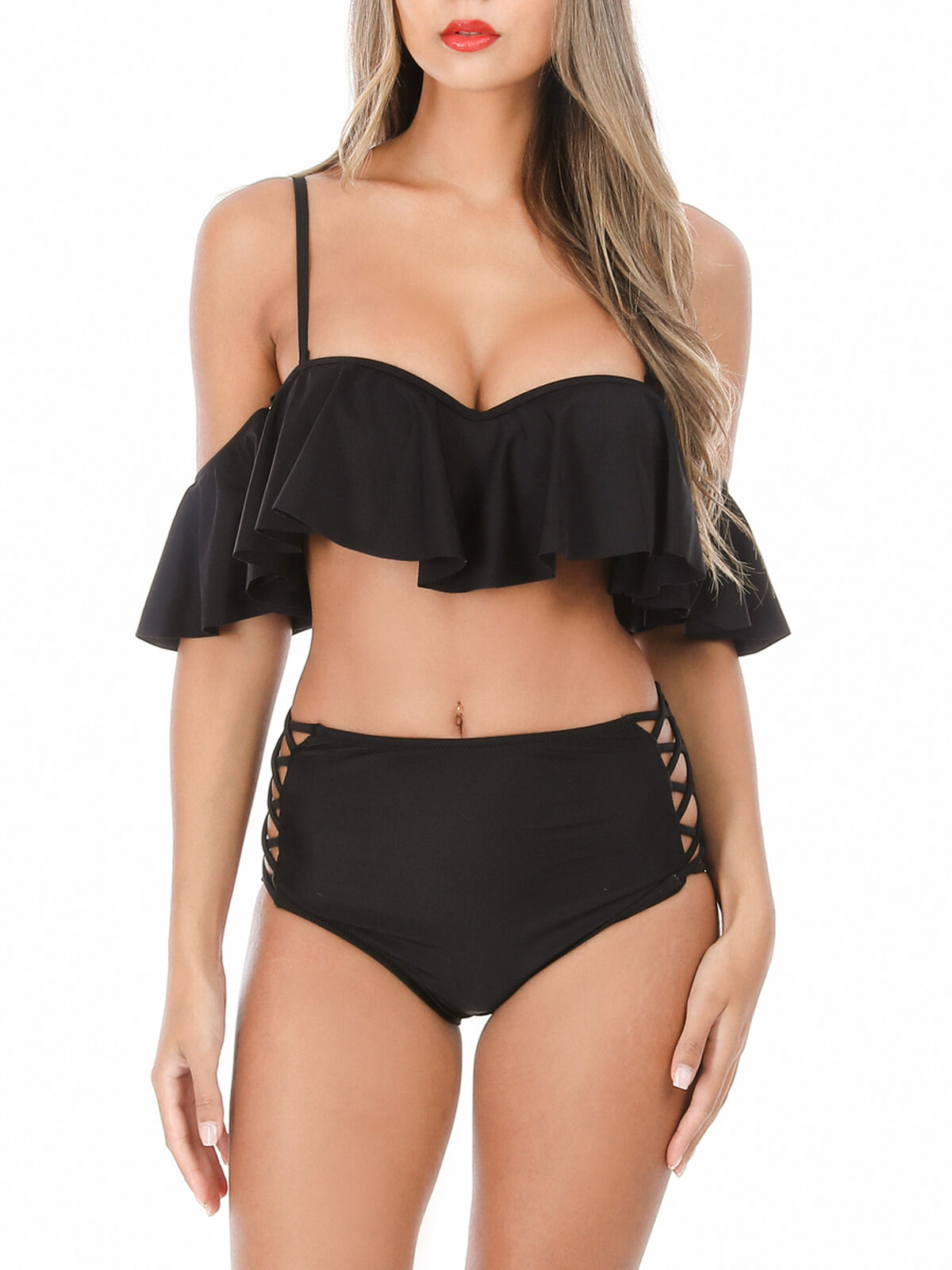Maillot de bain à volants et manches- Noir