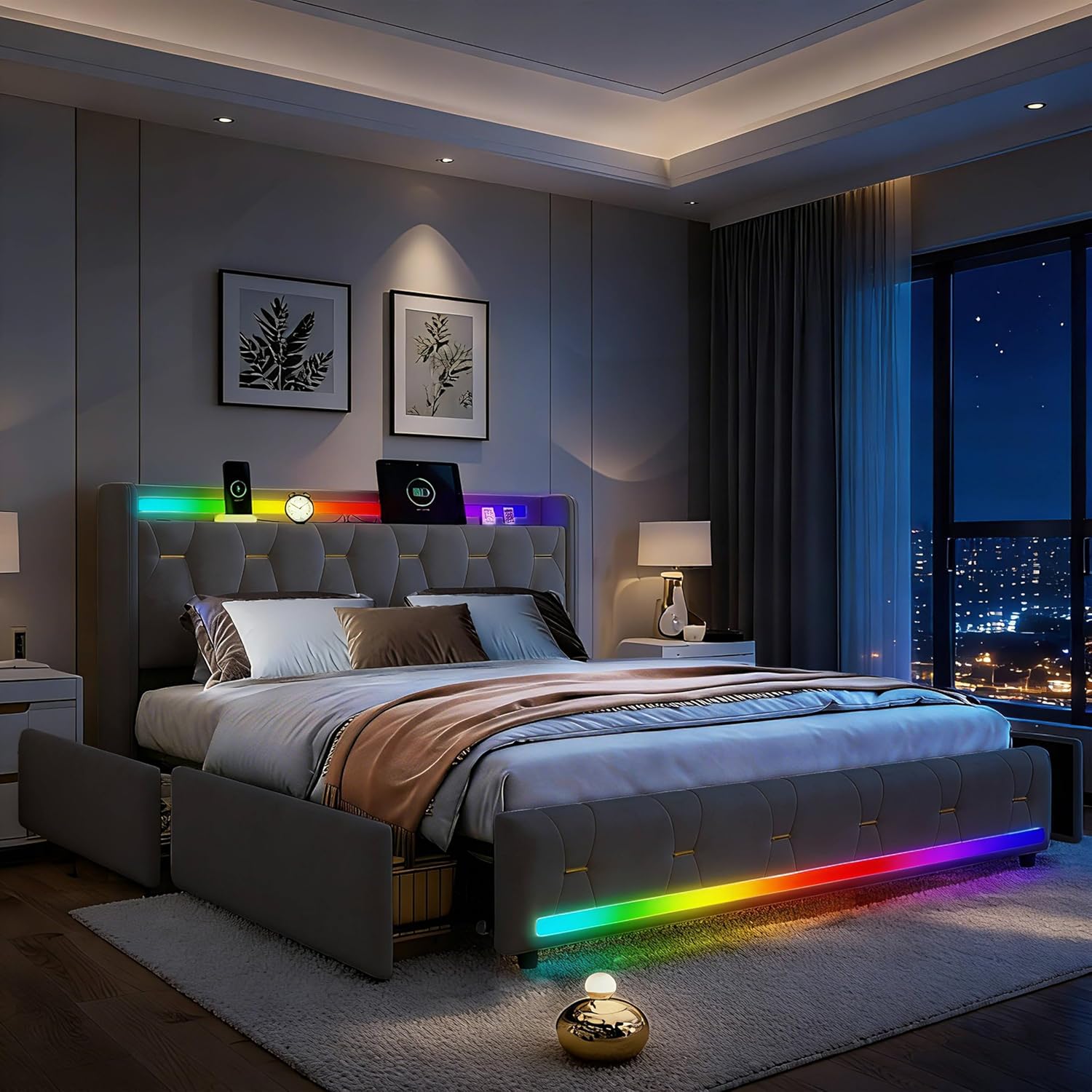 160x200cm Samt Polsterbett mit 4 Staufächern, Bluetooth-Lautsprecher, LED-Beleuchtung & USB/Type-C-Anschlüssen, Plattformbettgestell mit 4 Schubladen und Holzlatten, Grau