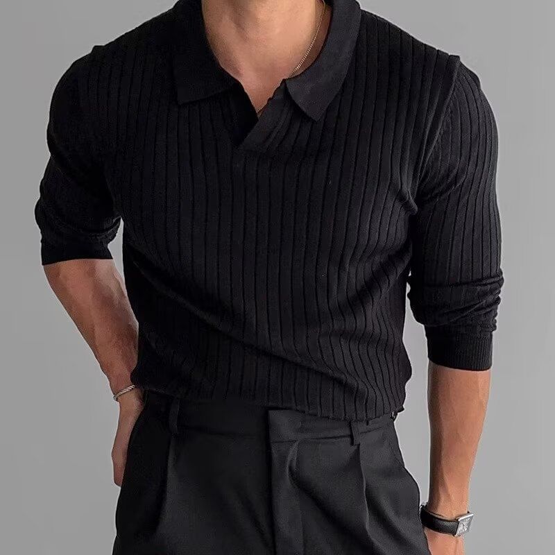 Lefitt - Poloshirt met lange mouwen en open knoopsluiting, effen gebreid