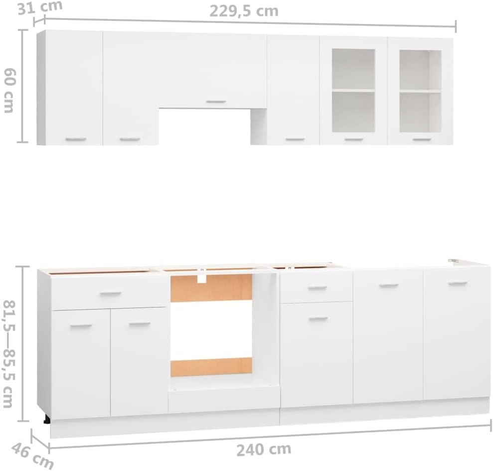 ACAGALA Küchenblock 240 cm variabel stellbar, 8-TLG. Küchenzeile Einbauküche, Weiß Holzwerkstoff, Küche Komplett, Schrank-Set, Unterschrank, Küchenschrank, Hängeschrank, ohne Arbeitsplatte