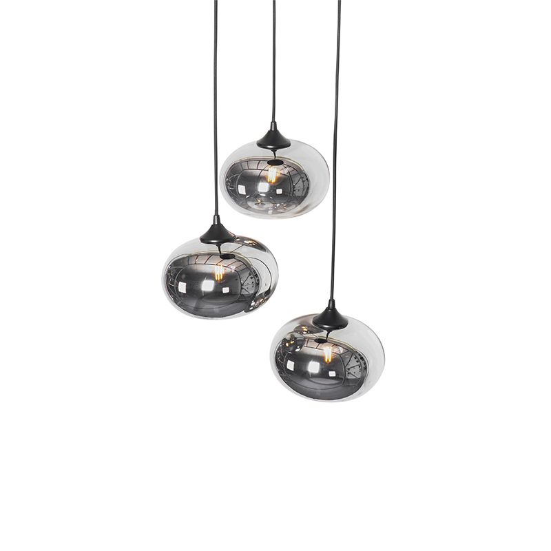 Art Deco hanglamp zwart met smoke glas rond 3-lichts- Busa