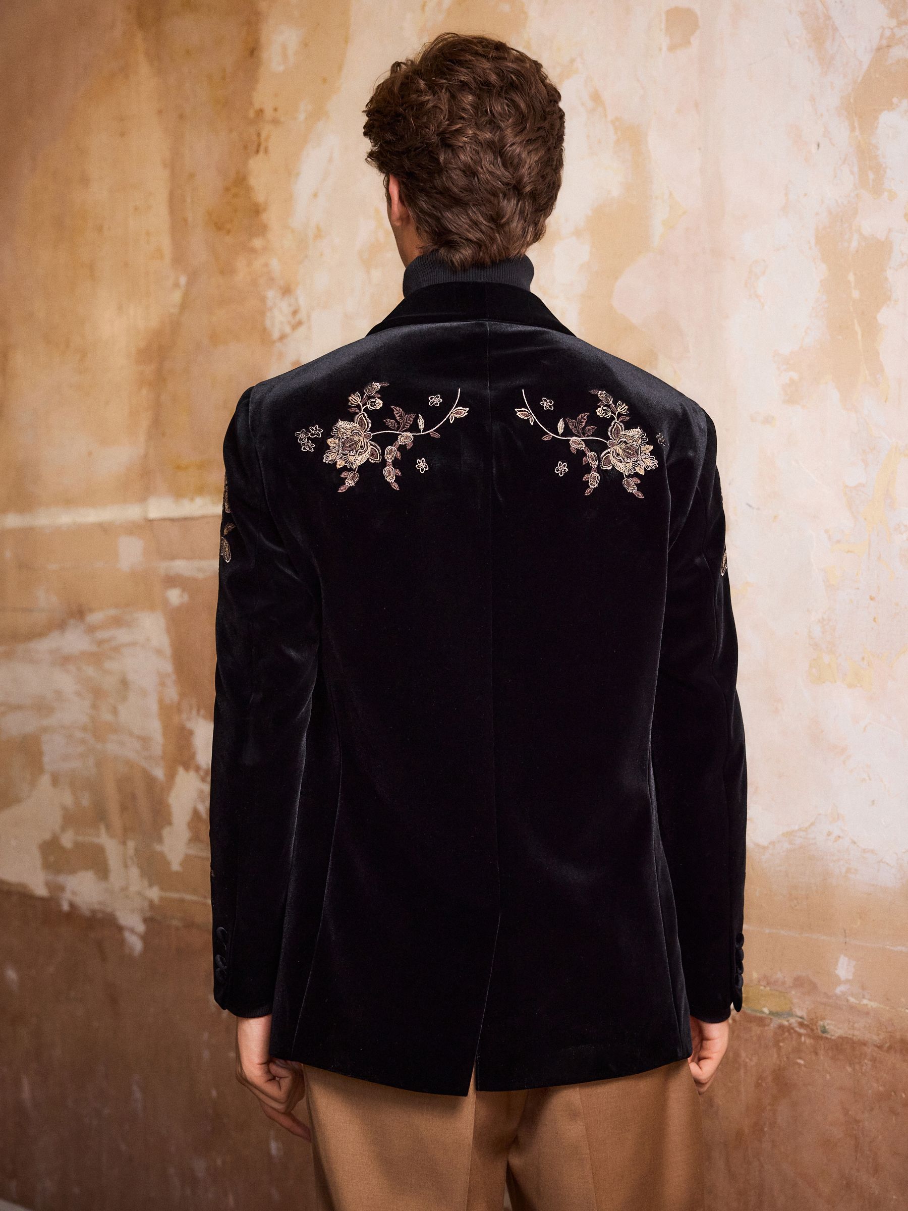 Zwart bloemenprint - Embroidered Velvet Blazer