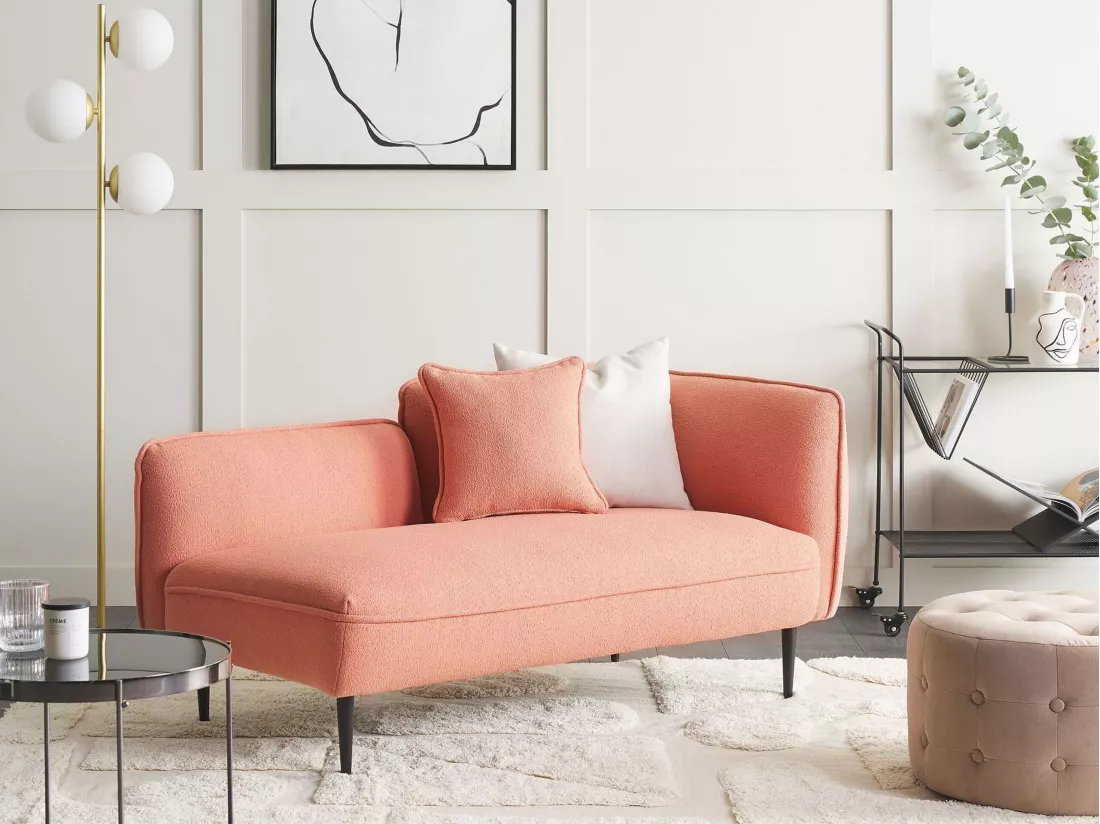Méridienne angle droit tissu bouclé rose pêche CHEVANNES