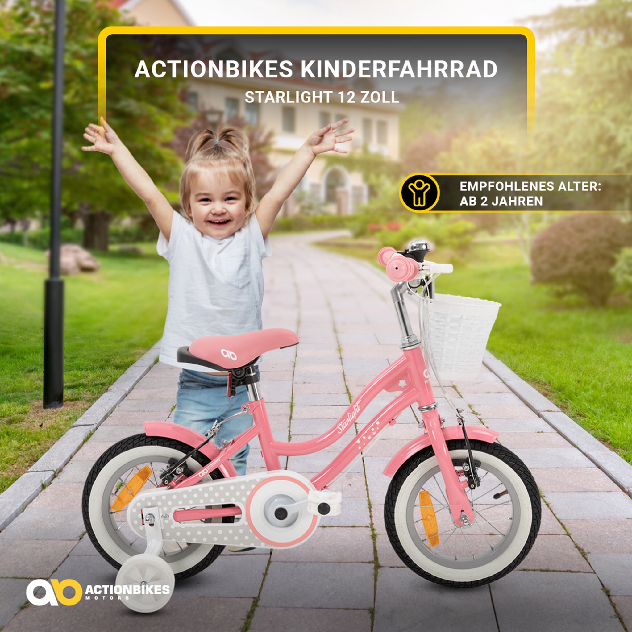 Actionbikes Kinderfahrrad Starlight 12 Zoll, Rosa, Stützräder, Fahrradkorb, Klingel, Kettenschutz (Classic)