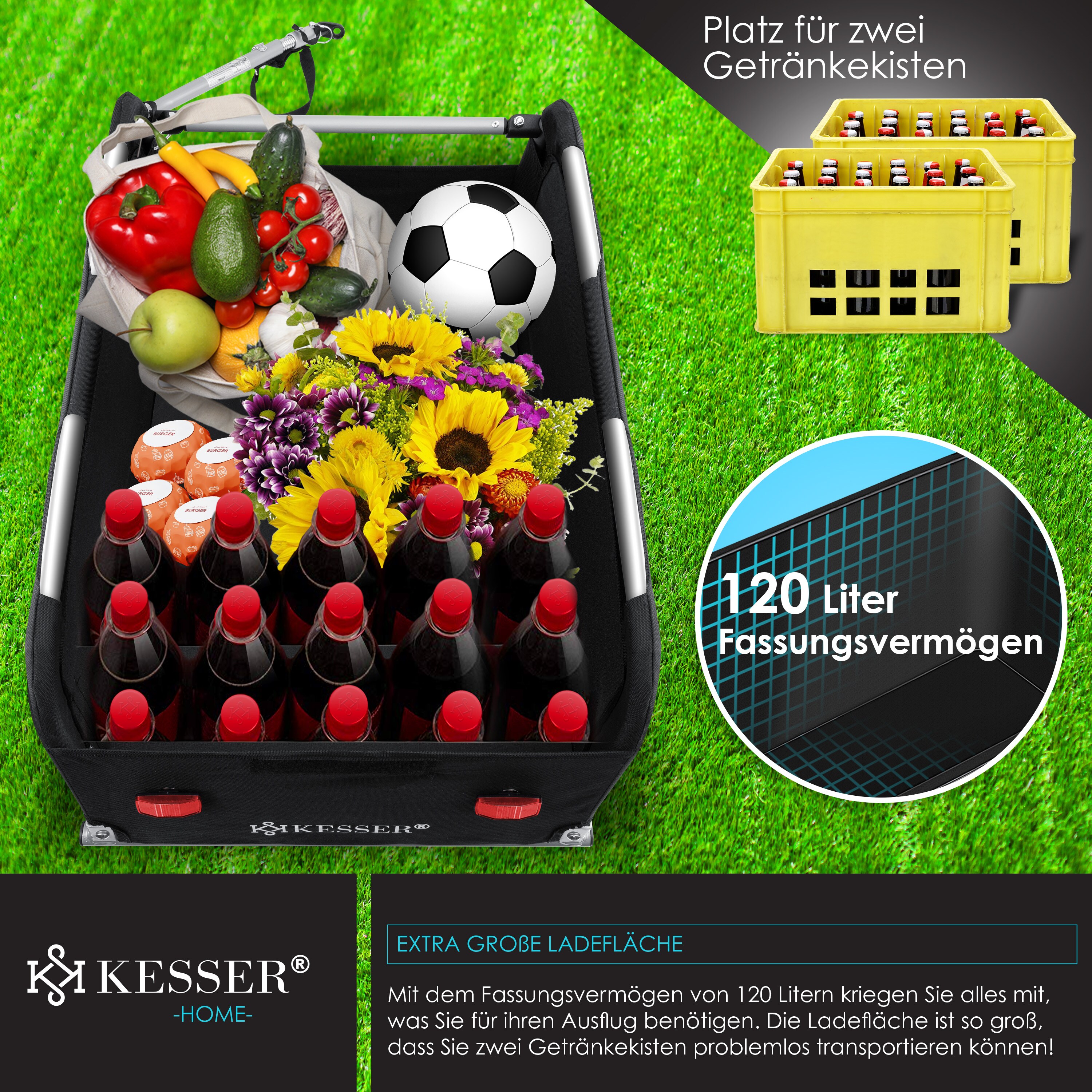 KESSER® Fahrradanhänger Lastenanhänger Transportanhänger Hochdeichsel mit Kupplung, Inkl. AbdeckungKlappfunktion Hochdeichsel Anhänge für Fahrrad Transportbox mit 120 Liter Max. 40 kg