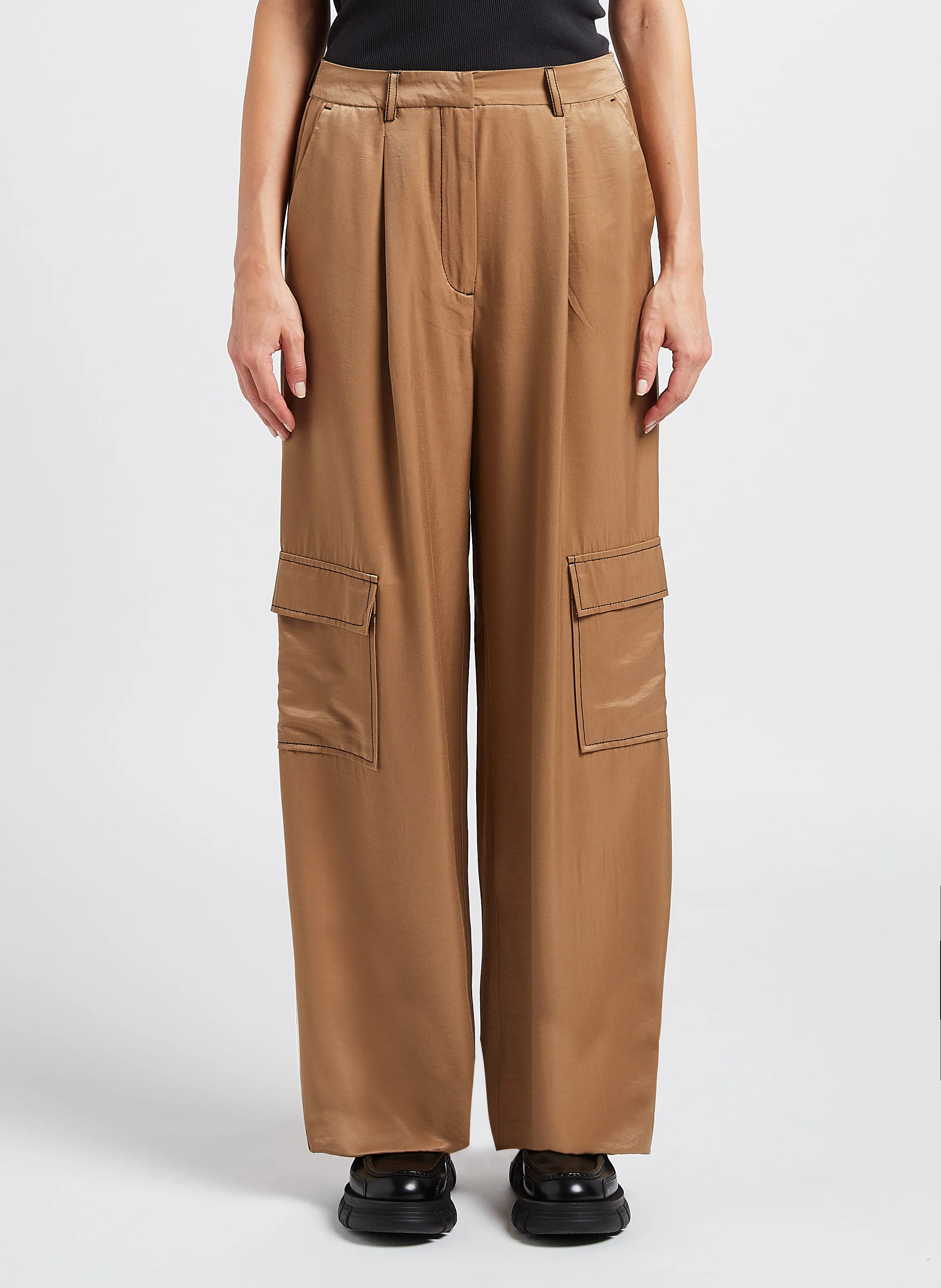 CILIE - Pantalon large satiné| Marron