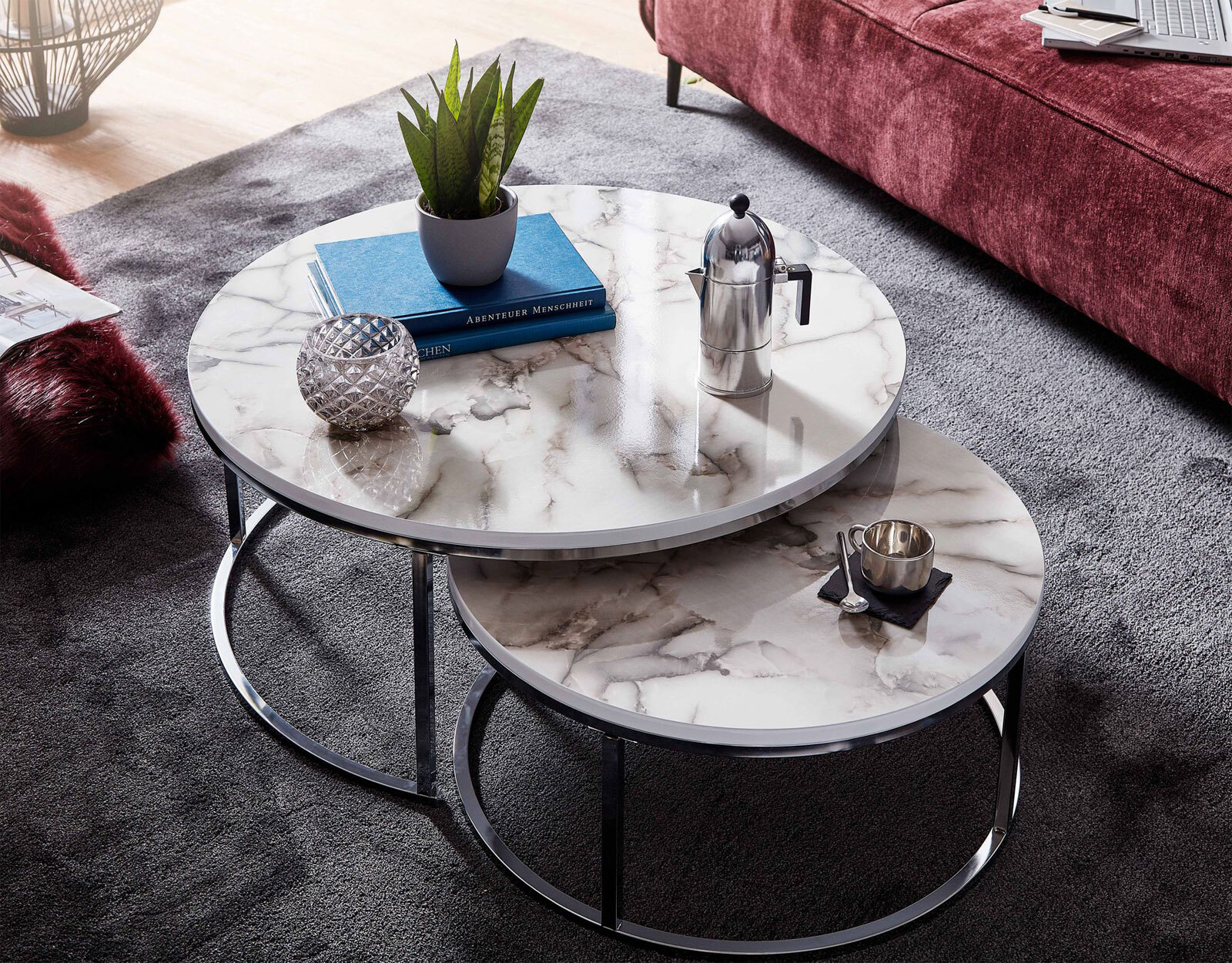 Couchtisch 2er Set Silberfarbig/ Marmor Optik Weiß
