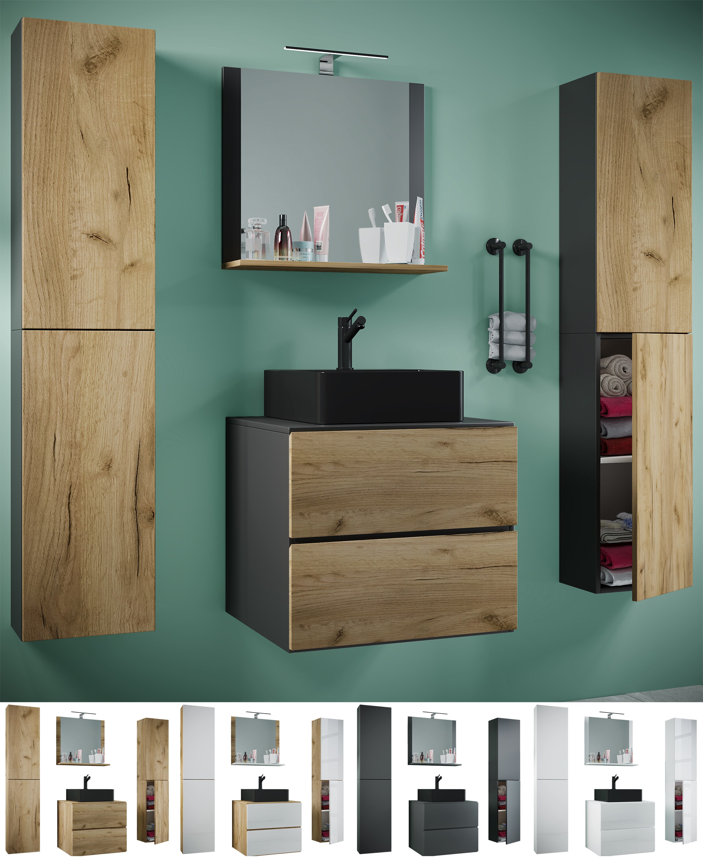 VCM 5-tlg. Waschplatz Waschtisch Badmöbel Set Waschbecken Lendas BL Breite 60 cm XL Schublade