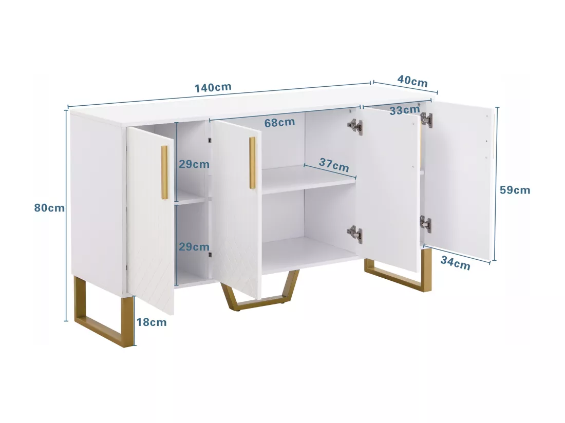 Buffet bas avec 4 portes - 140 L x 40 P x 80 H cm - Bois MDF et pièds en métal doré - Blanc brillant
