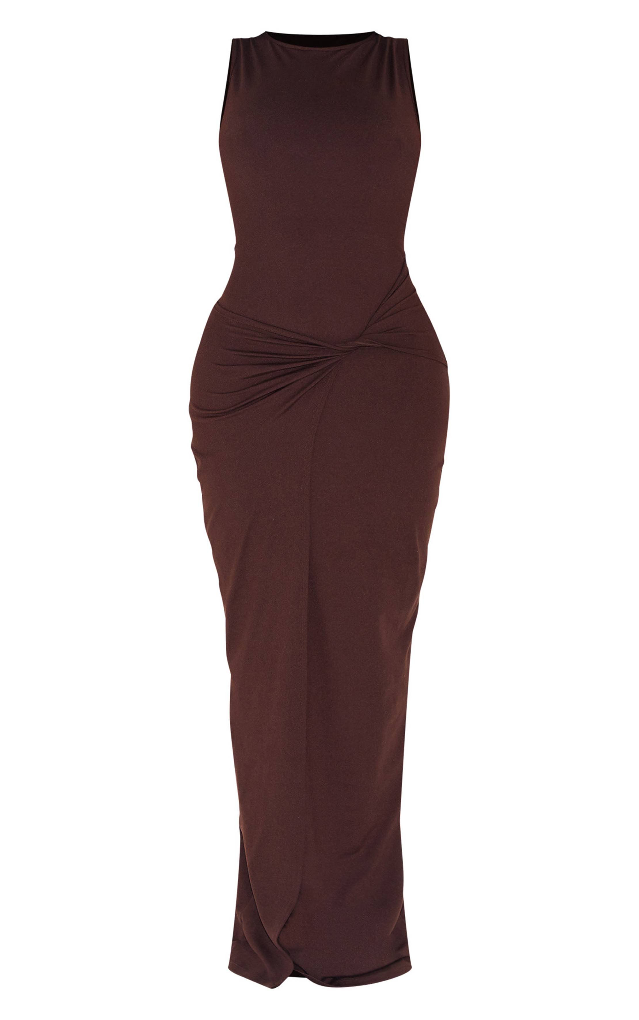 Chocolat Robe Maxi Sculptante Moulante Col Bateau Taille Nouée