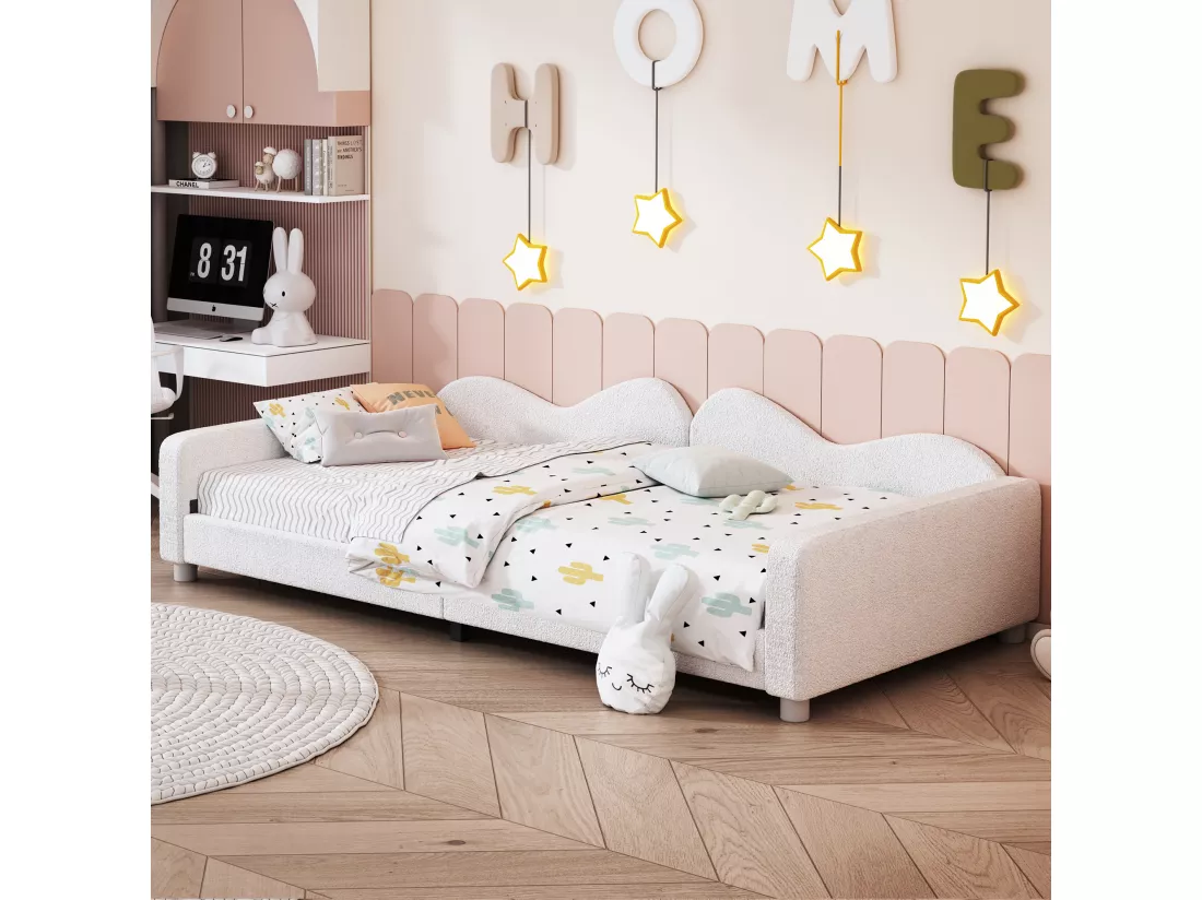 Lit banquette capitonné - 90 x 200 cm - 2 tiroirs - tissu peluche - sommier à lattes - pour enfant ou bébé - blanc