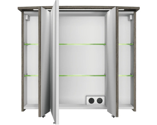 3-delige badkamermeubelset Pelipal xpressline 4010 BxHxD 84 x 200 x 45 cm, fronten in grafietstructuur (horizontaal patroon), met witte keramische wastafel en keramische badmeubel, wastafelkast, spiegelkast met LED-verlichting, chromen grepen, 4010.0