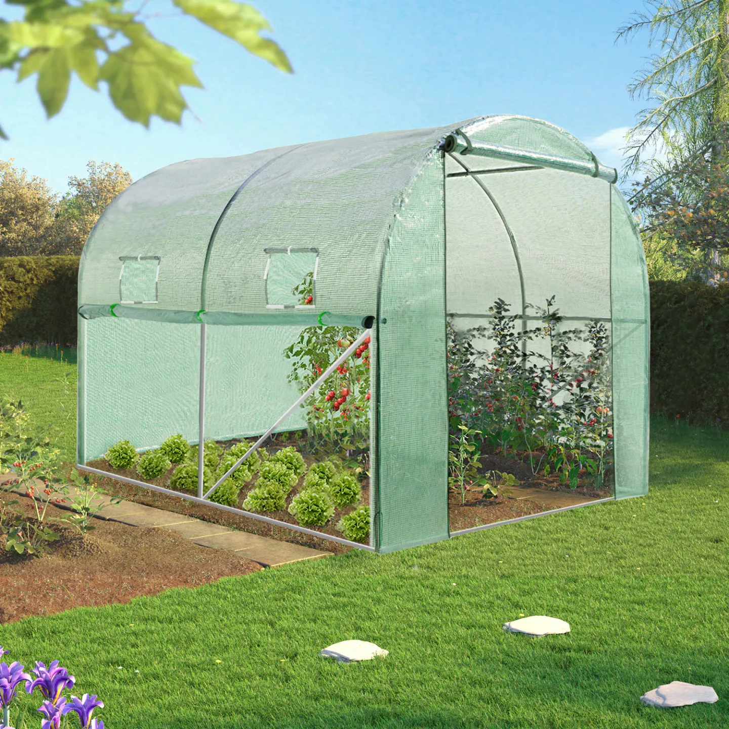 Bâche de rechange 130 gr/m² pour serre tunnel 6m² verte 4 saisons ROMA