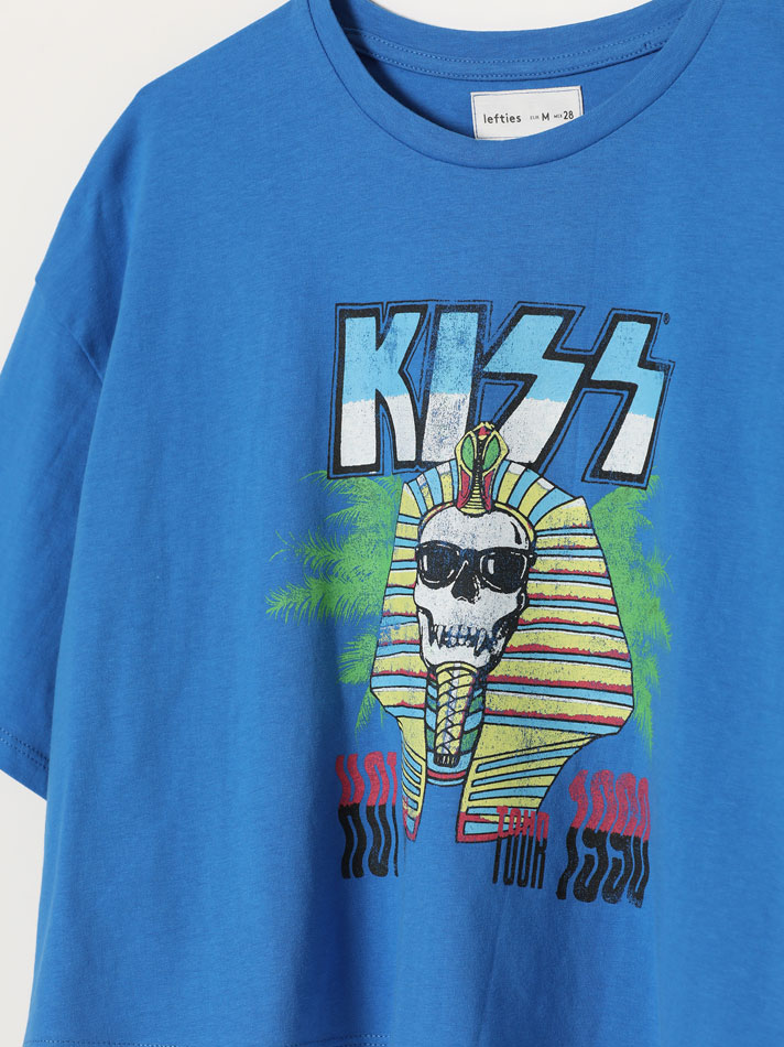 Camiseta cropped com estampa Kiss Universal - Azul Royal