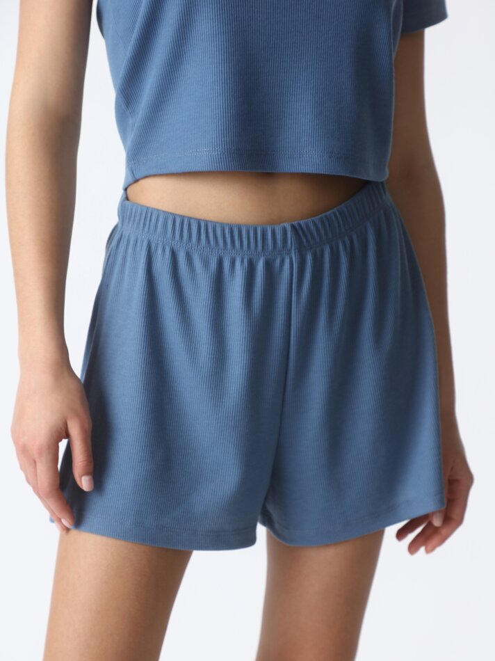Shorts de pijama em malha canelada - Azul petróleo